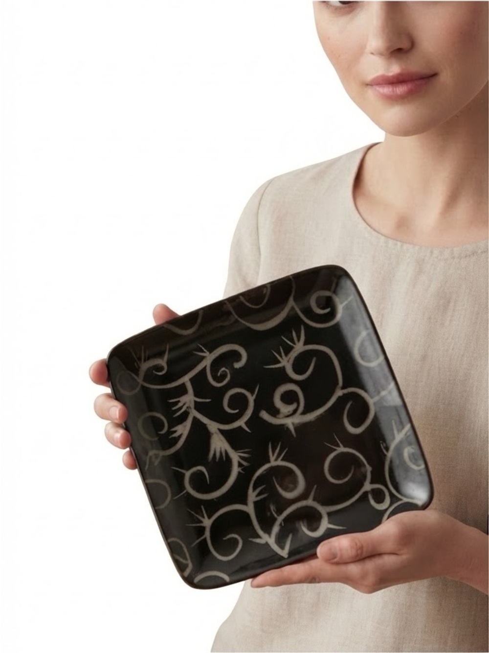 Black Square Serving Dish with swirl vine pattern
